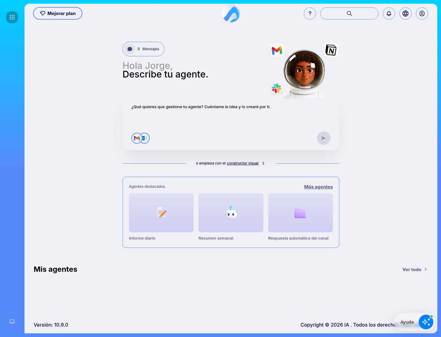 Dashboard de Agentes de IA con copiloto y agentes destacados.