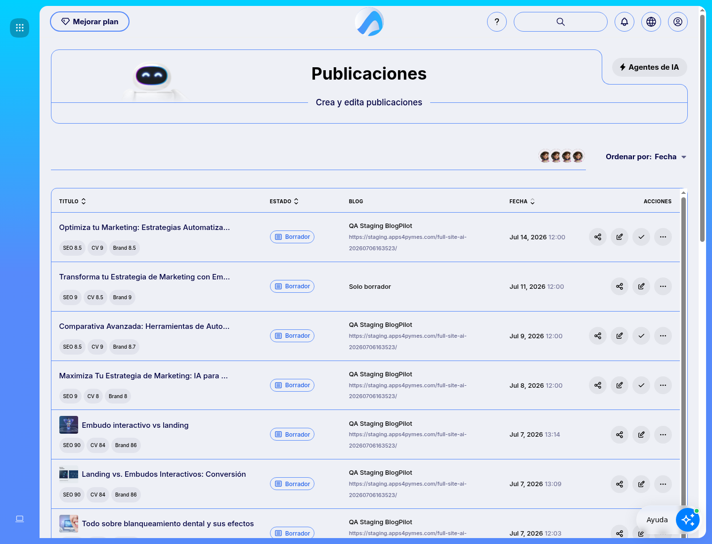 BlogPilot post list with status and scores.