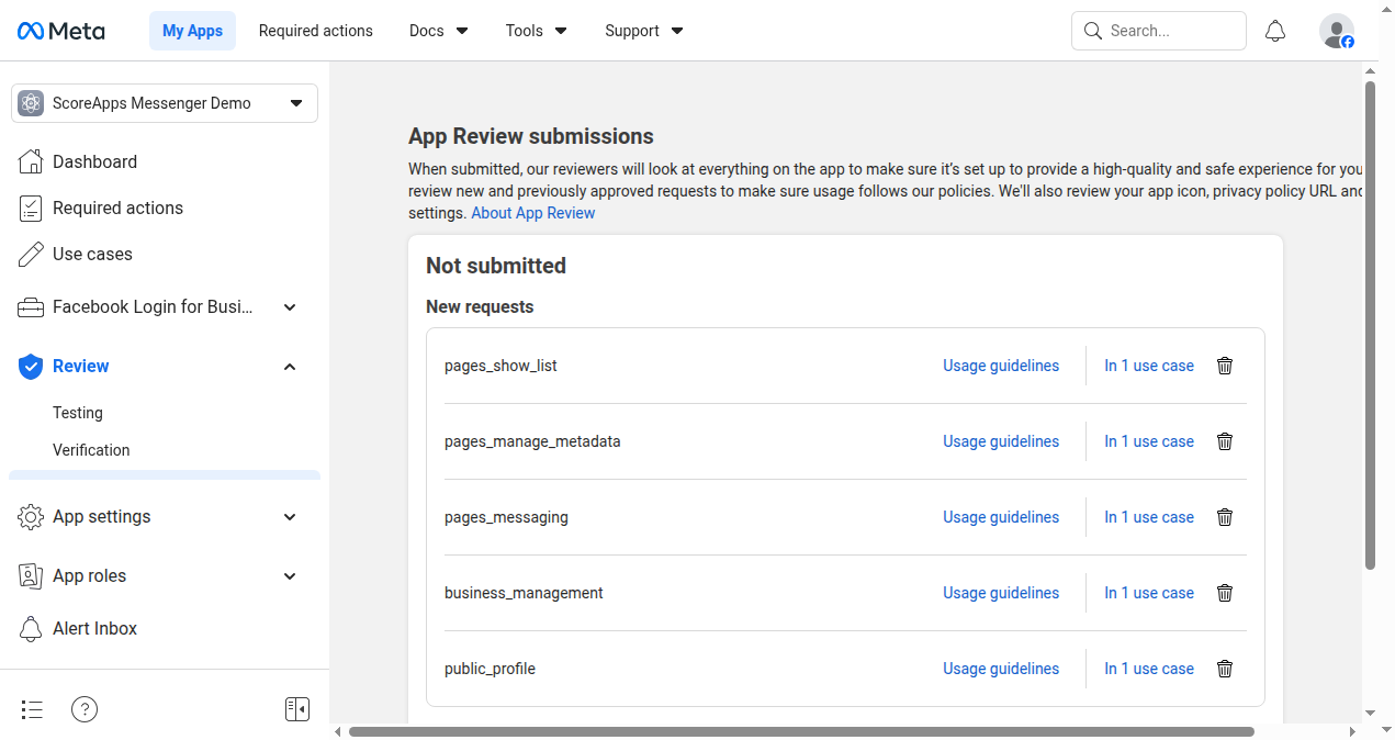 Permisos que se enviarán a revisión en Meta App Review