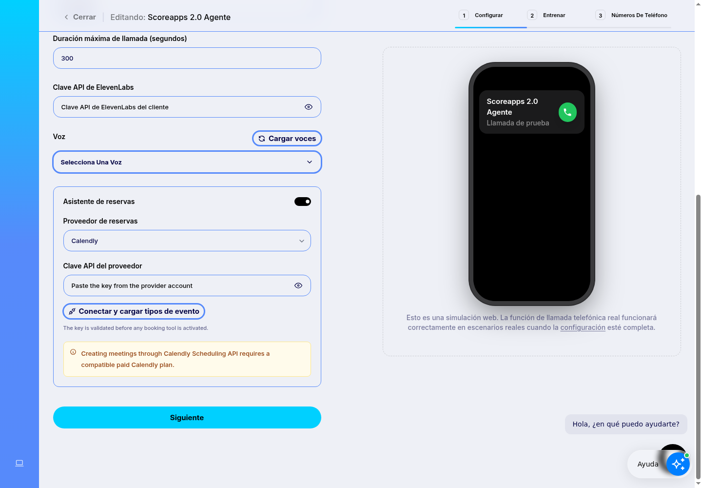 Asistente de reservas activado con Calendly, clave API y carga de tipos de evento.