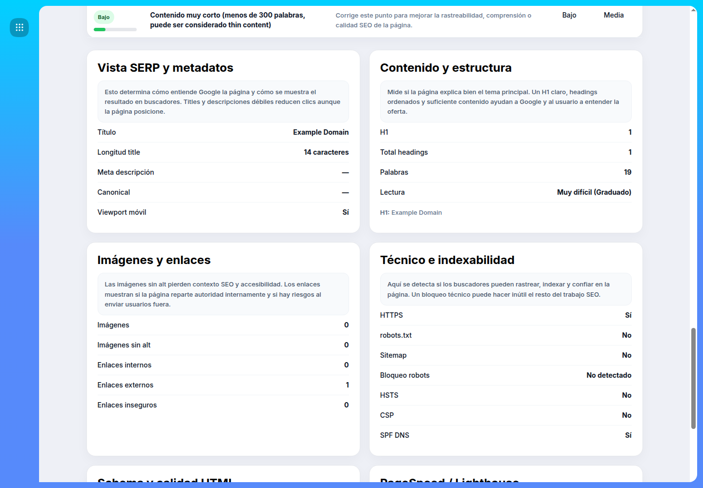 Technical and content details inside the SEO report