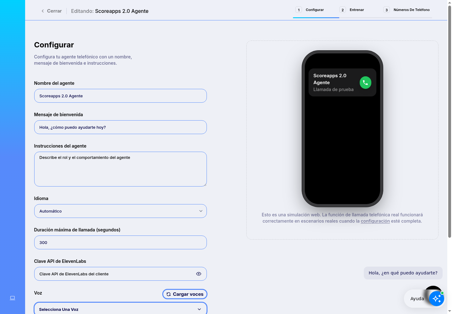 Formulario para configurar nombre, bienvenida, instrucciones, idioma, clave de ElevenLabs y voz.