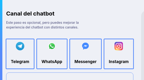 Paso Canal del chatbot con las opciones Telegram, WhatsApp, Messenger e Instagram.