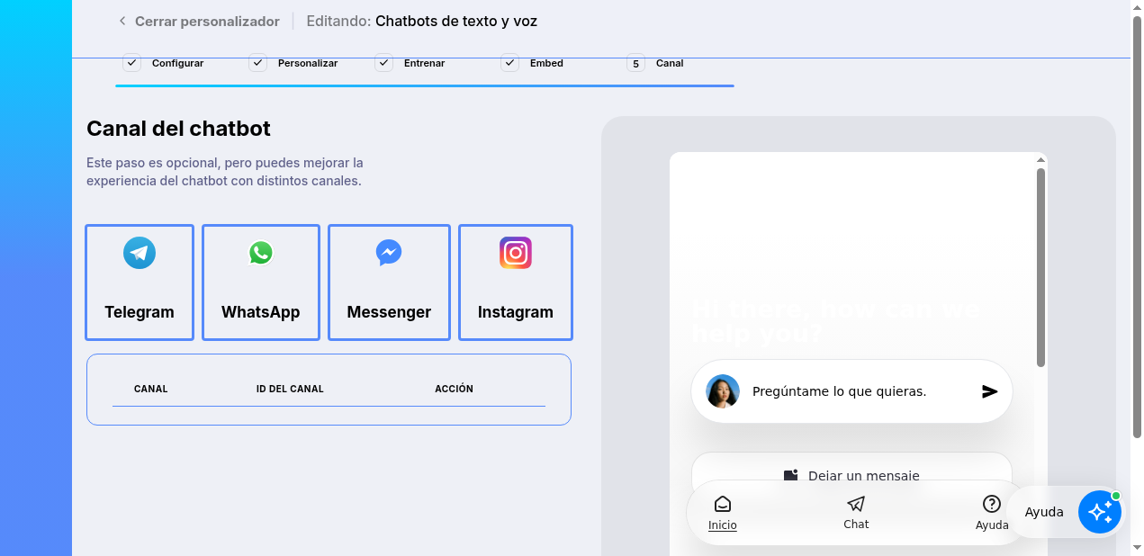 Paso Canal del chatbot con las tarjetas Telegram, WhatsApp, Messenger e Instagram