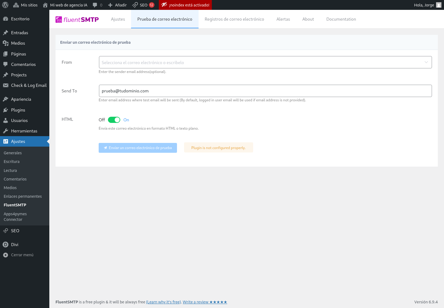 FluentSMTP email test form