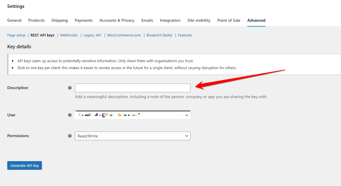 Consumer Key y Consumer Secret generadas en WooCommerce