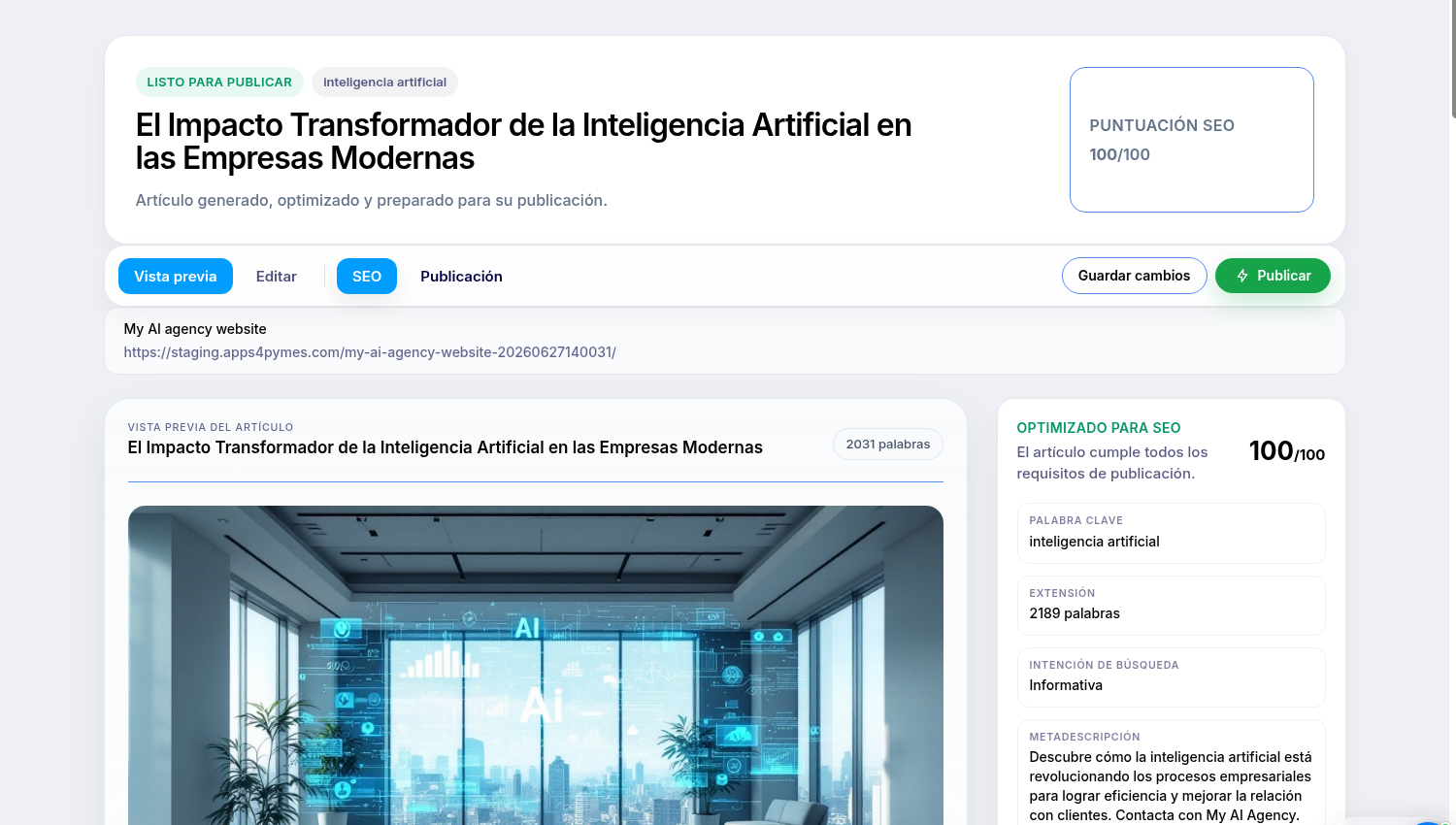 BlogPilot Editor with preview, SEO and publishing options.