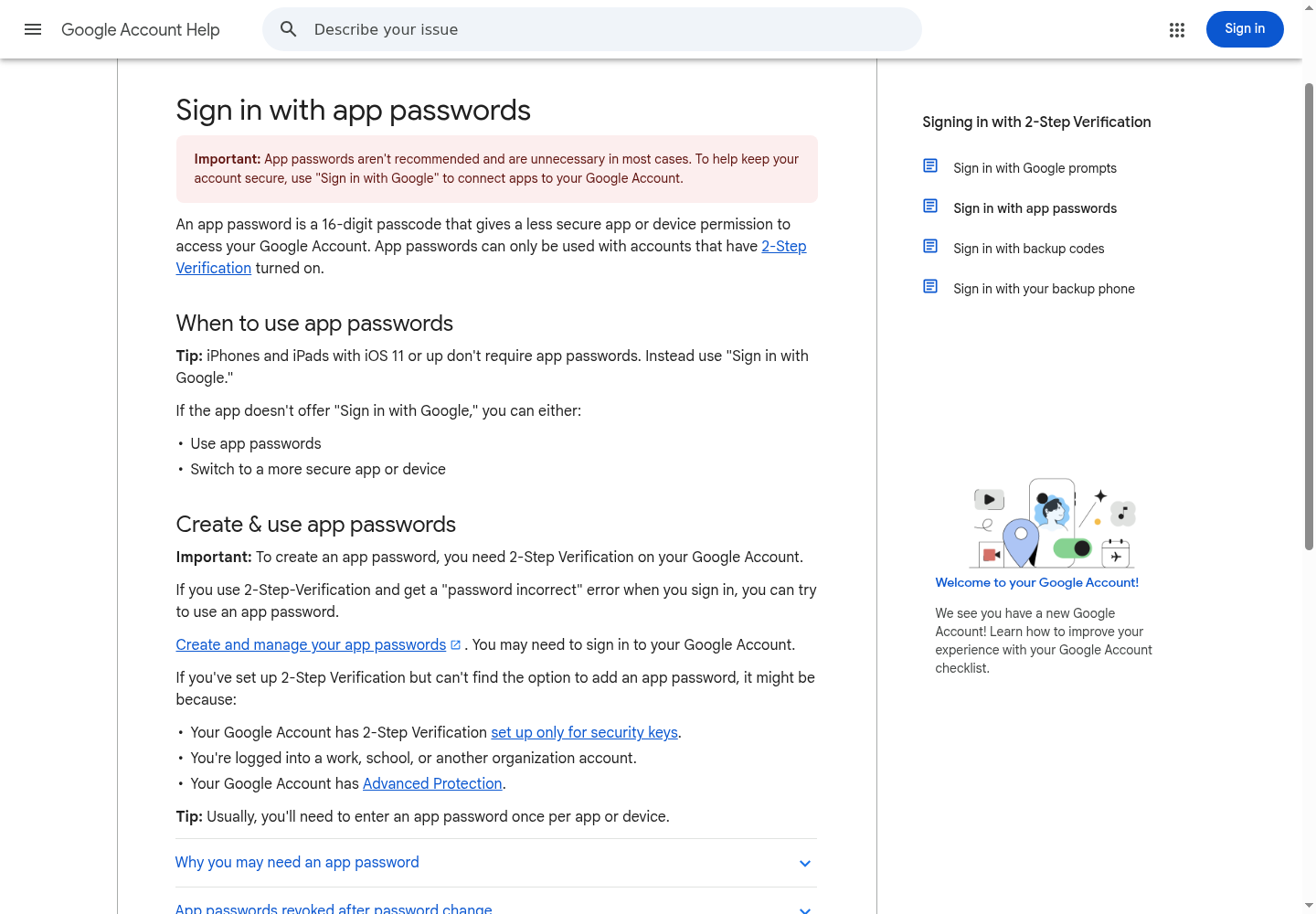 Official Google Account Help page about app passwords