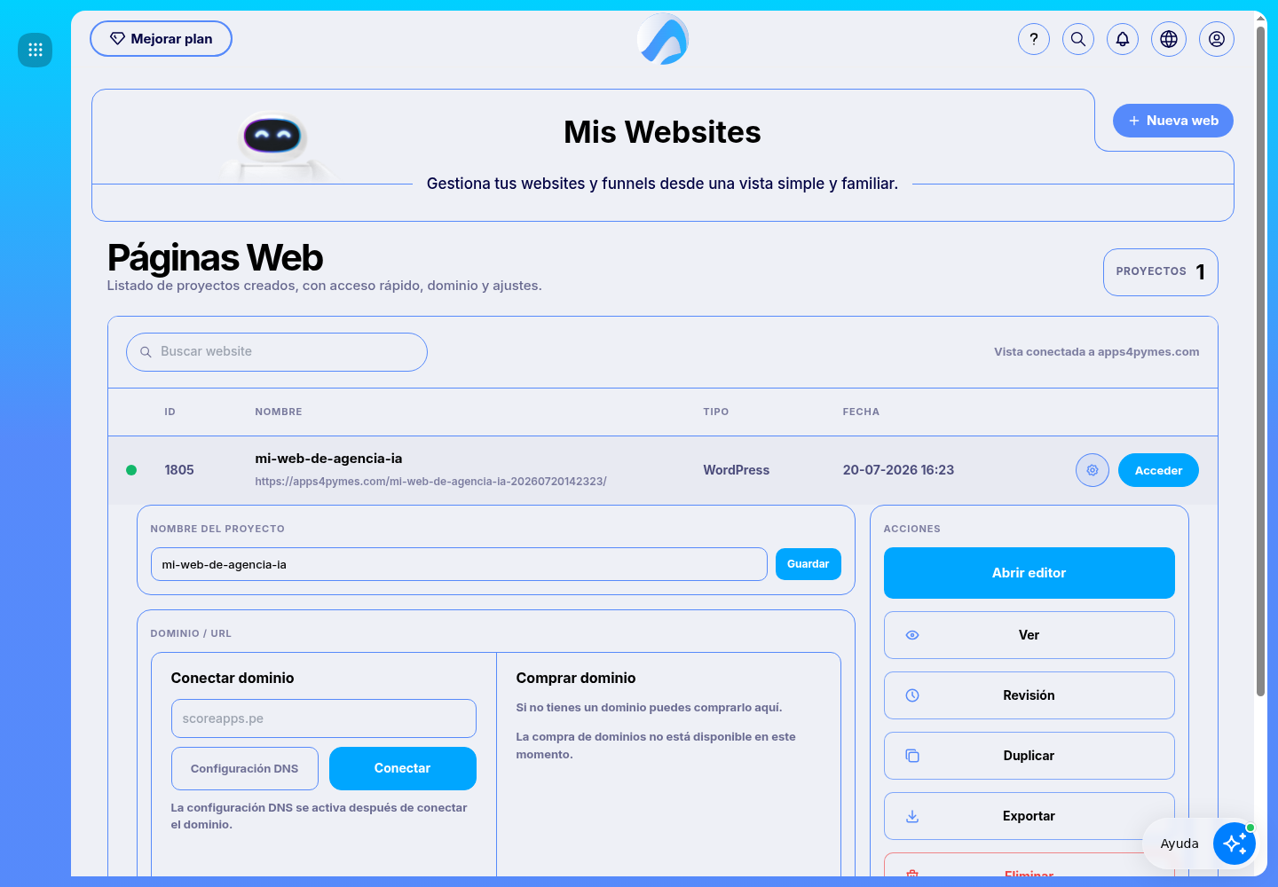 Scoreapps website list with the Access button