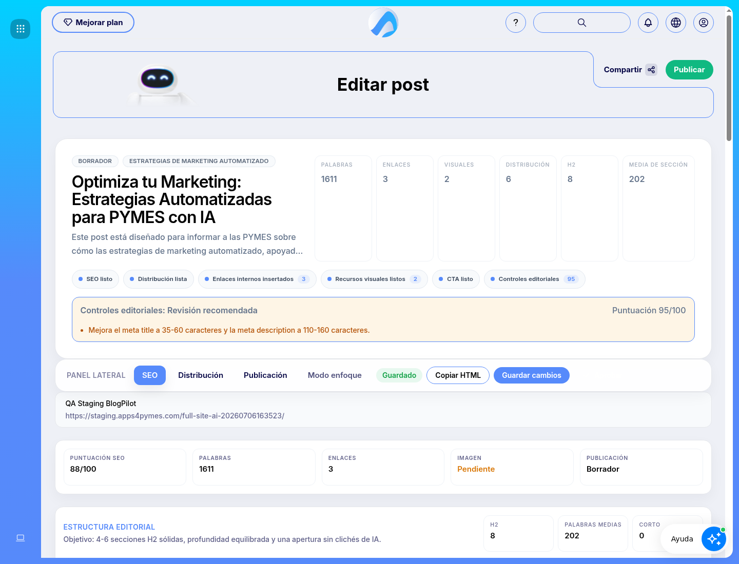 BlogPilot post editor with SEO score and review data.