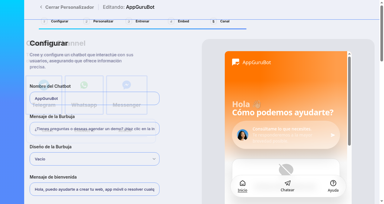 Pantalla Canal del chatbot en ScoreApps