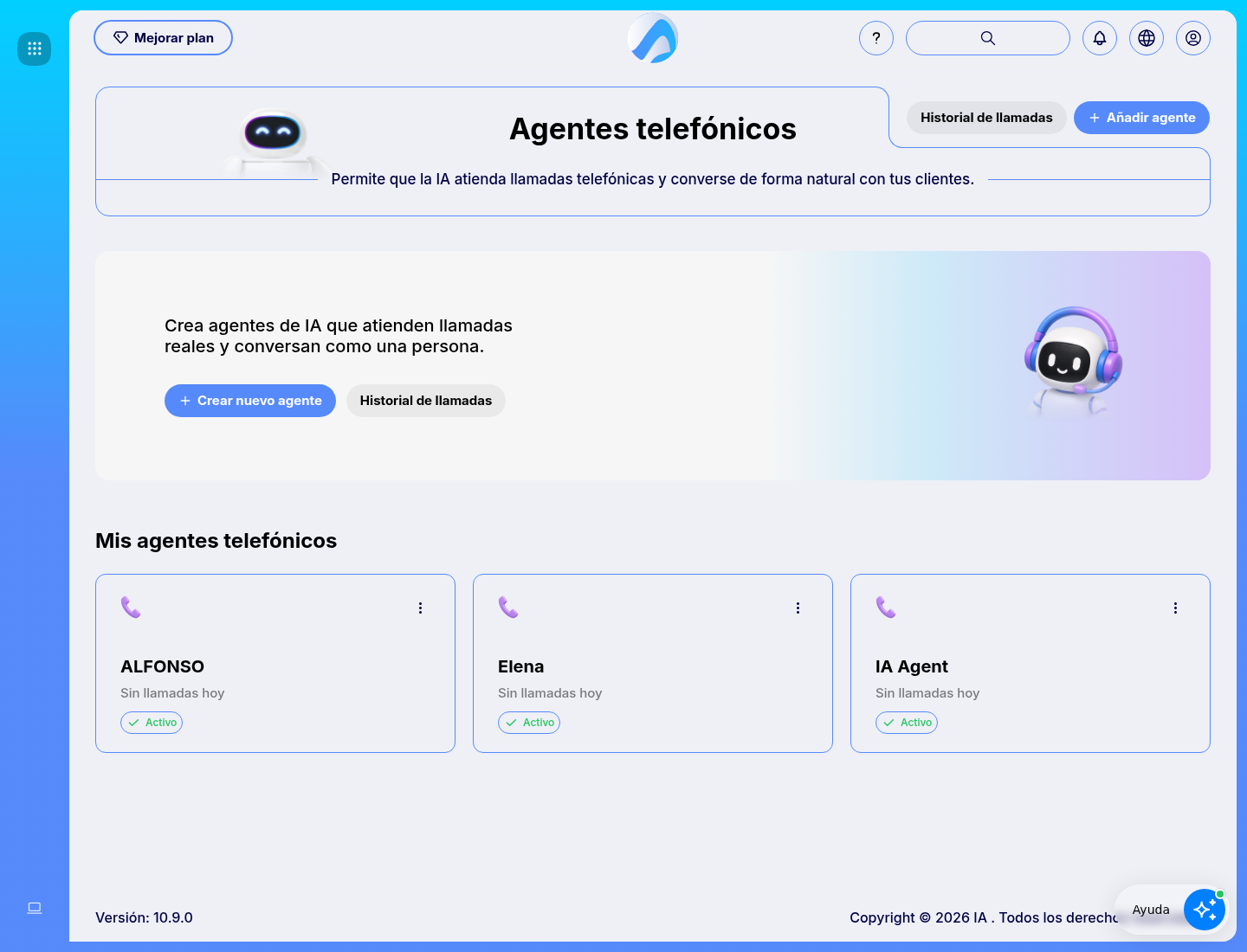 Pantalla de Agentes telefónicos en español con Twilio como proveedor disponible.