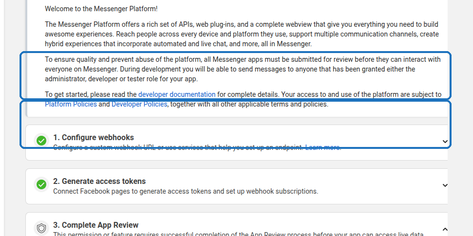 Secciones Configure webhooks y Generate access tokens desplegables