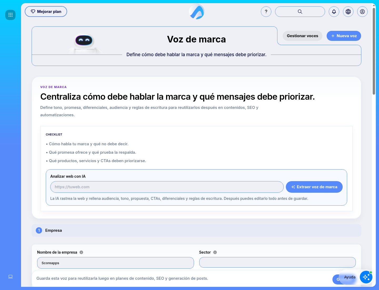 Formulario de Voz de Marca en español con análisis web mediante IA.