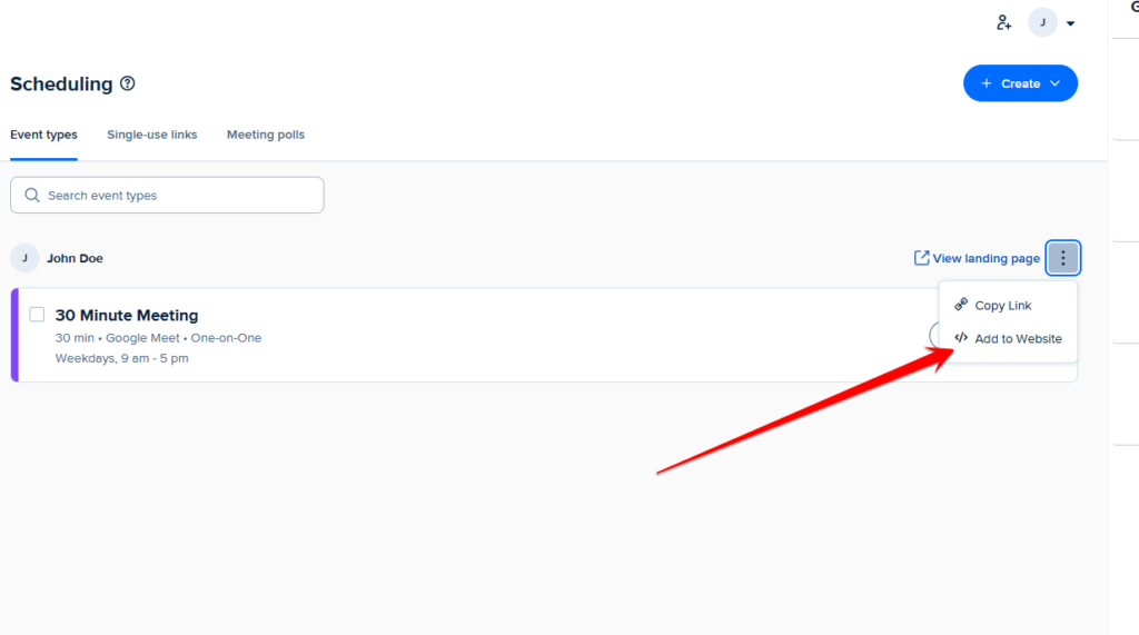 Add to Website en Calendly