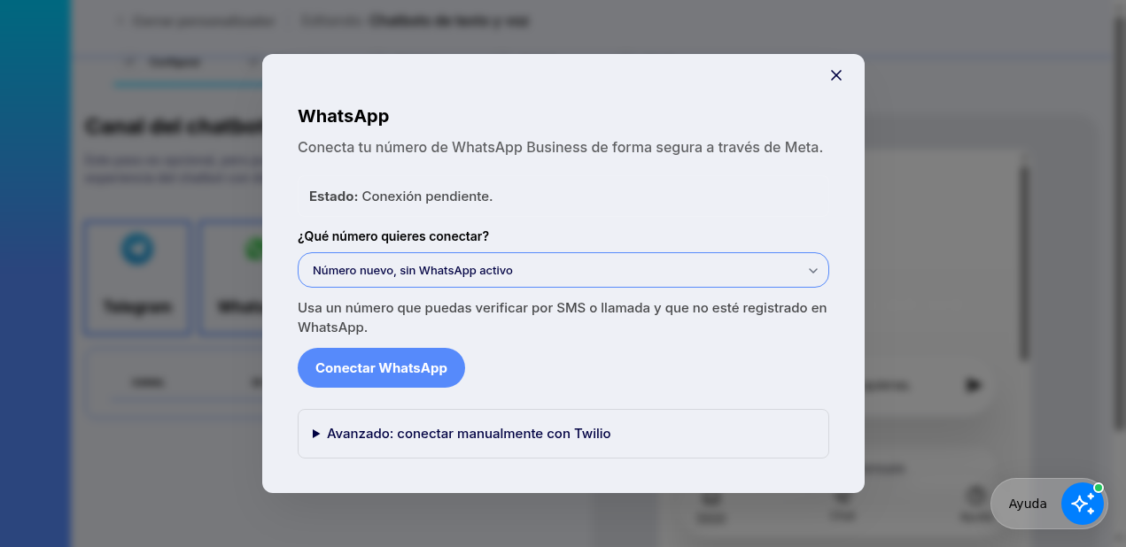 Ventana de conexión de WhatsApp con la opción Número nuevo, sin WhatsApp activo