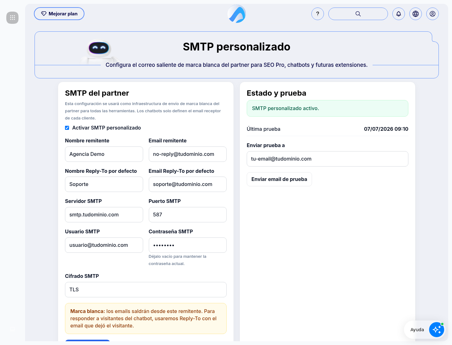 Custom SMTP screen with sender, server, port, encryption and test email fields.