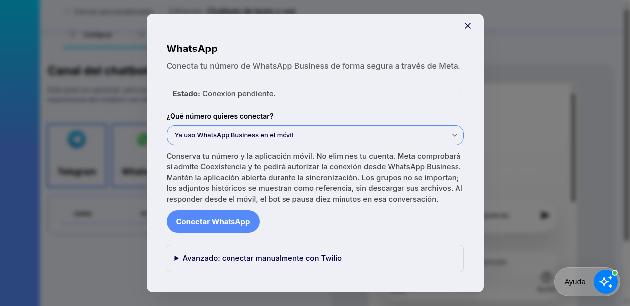 Ventana de conexión de WhatsApp con la opción Ya uso WhatsApp Business en el móvil