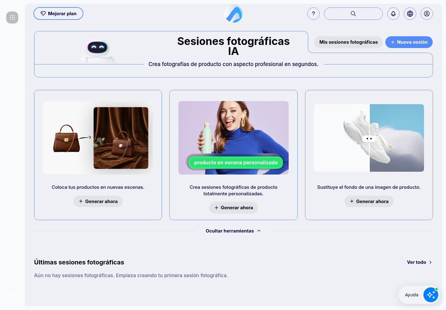 AI Photoshoots dashboard with templates, custom photoshoot and background replacement.