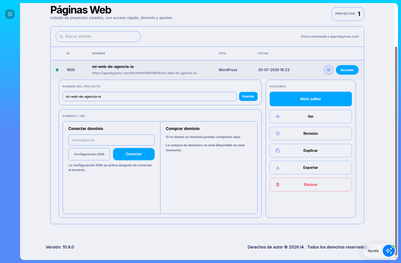 Scoreapps website panel with the Connect domain field.
