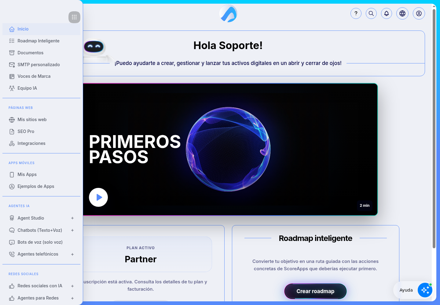Menú de Scoreapps con la opción Agentes telefónicos.