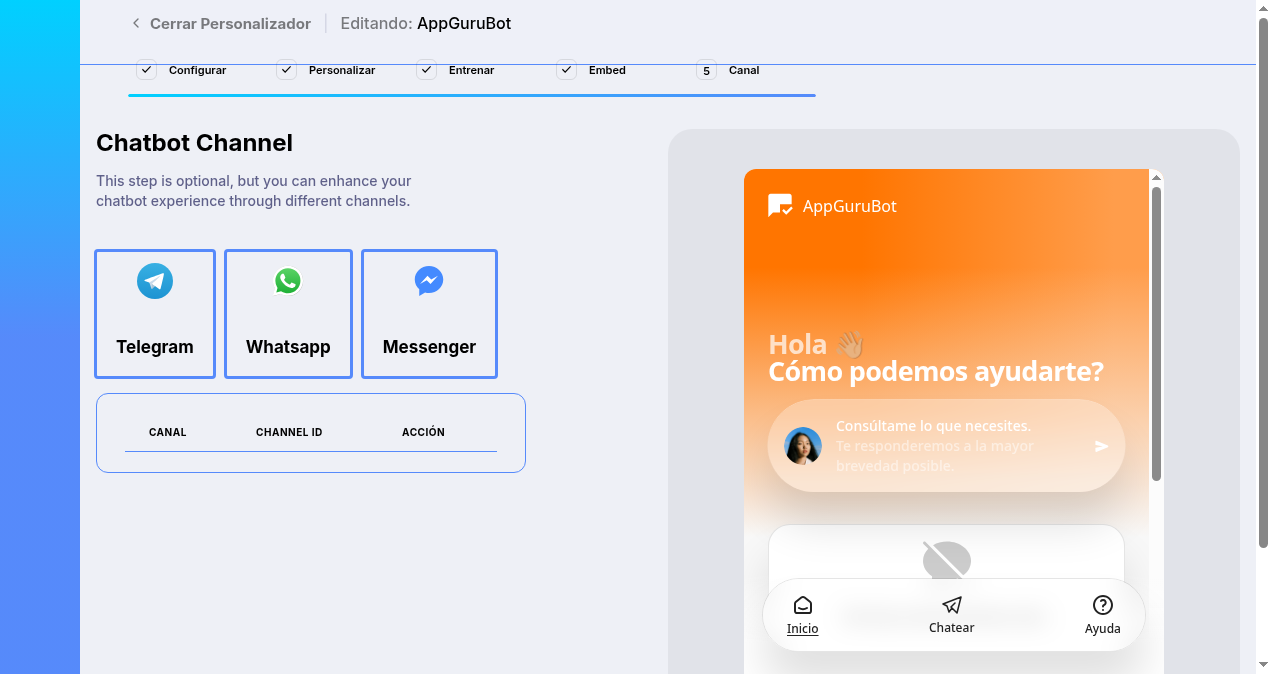 Formulario Messenger dentro del canal del chatbot en ScoreApps