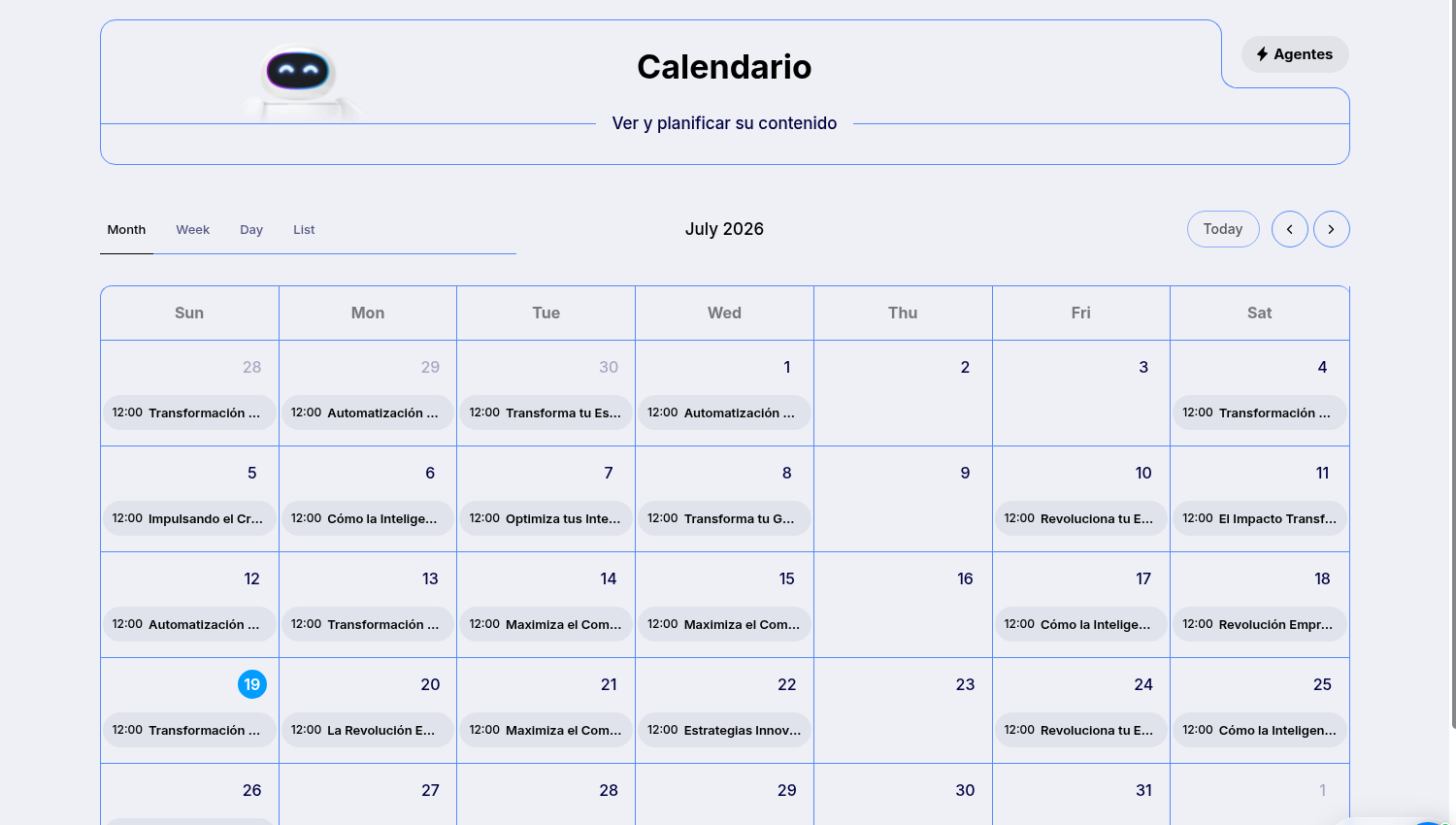 BlogPilot editorial calendar with posts distributed by date.