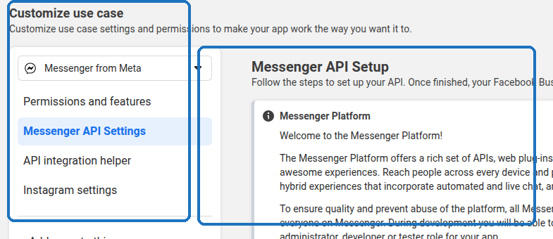 Menú Use cases y pestaña Messenger API Settings en Meta