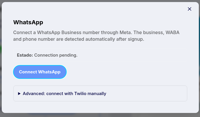 Cuadro de conexión de WhatsApp con Meta como opción principal y Twilio como opción avanzada.