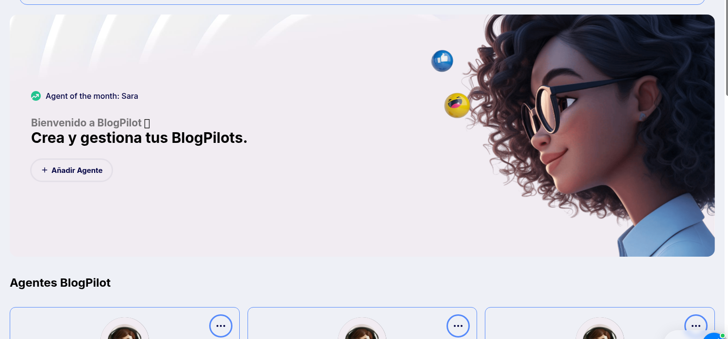 BlogPilot Agents screen for creating and managing agents.