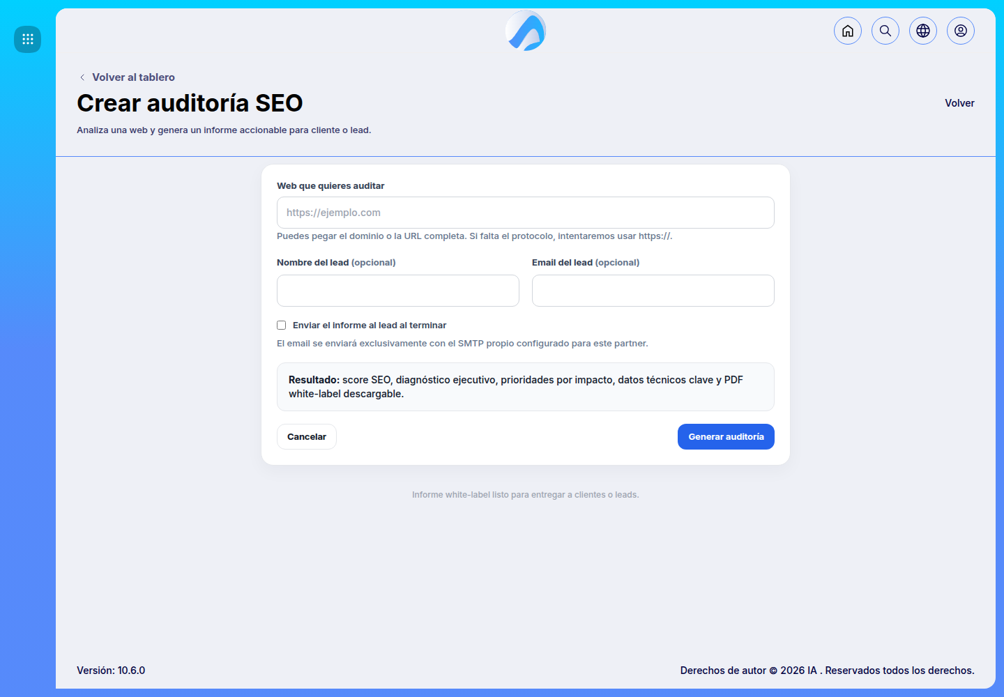 Form to create an SEO audit in SEO Pro