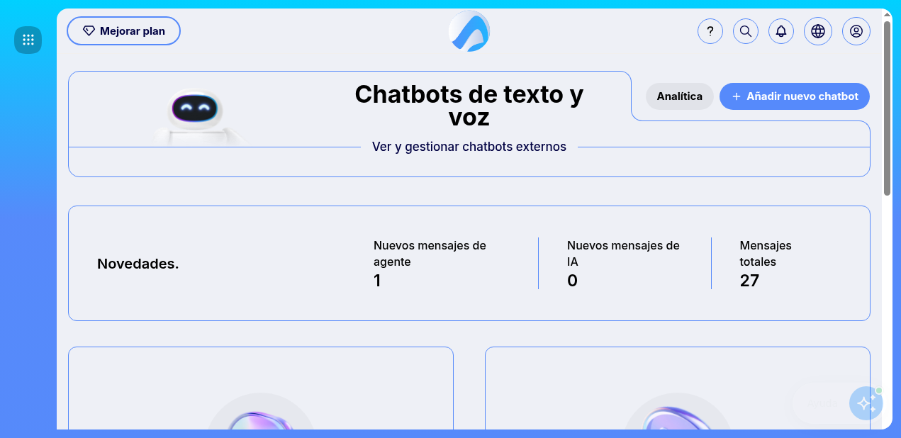 Pantalla de Bots IA de Scoreapps con el botón Añadir nuevo chatbot