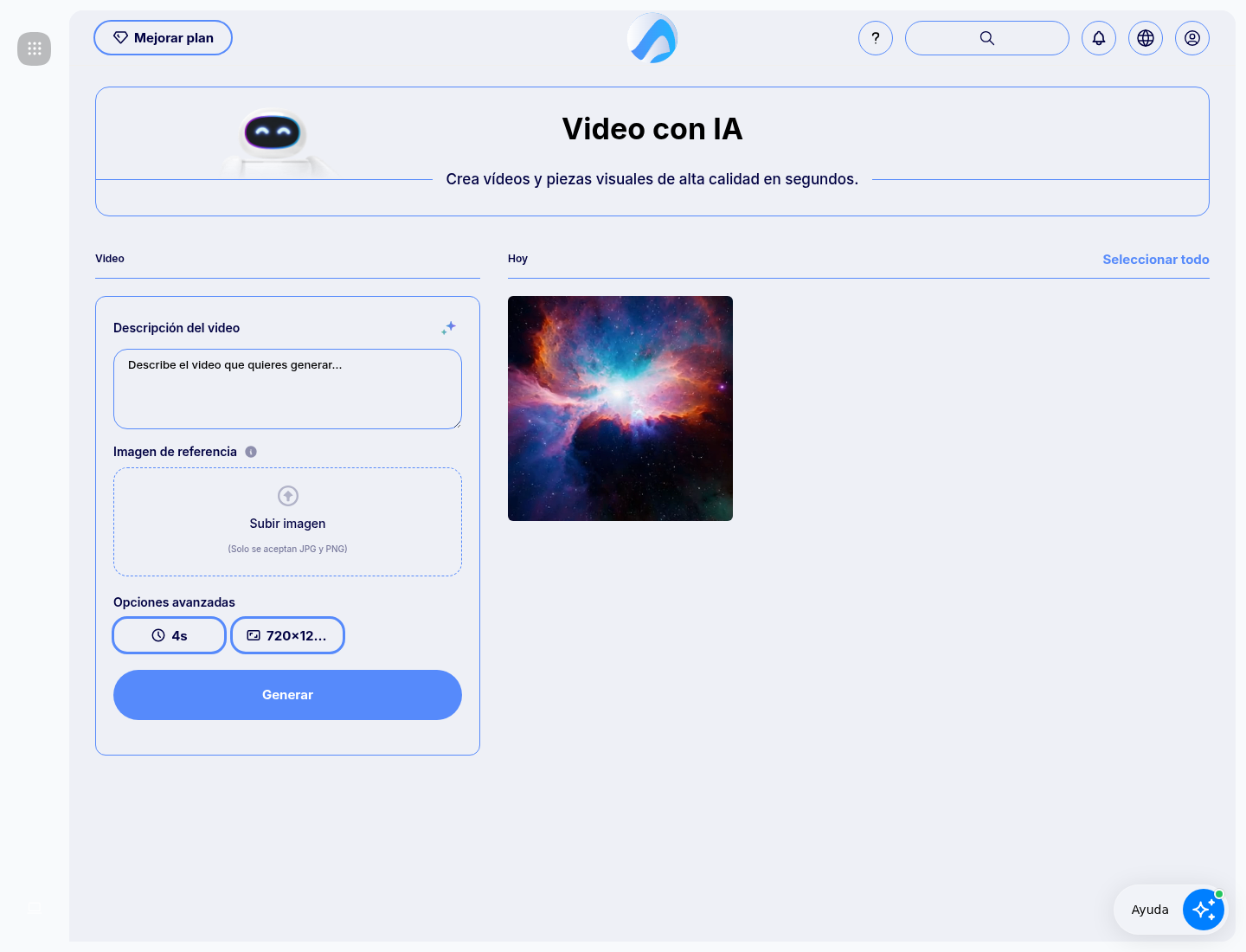 AI Video Pro screen with description, reference image, duration, resolution and generation.