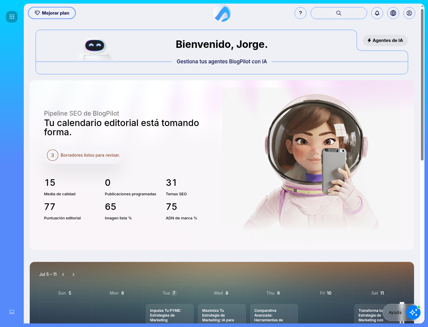 BlogPilot dashboard with metrics, pipeline and latest posts.