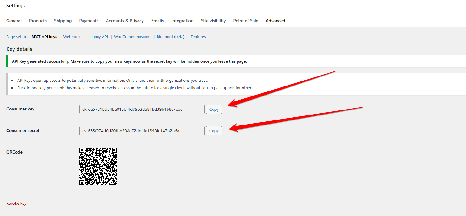 Lista de claves API en WooCommerce