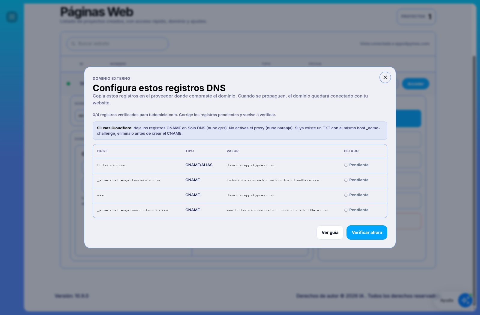 Example Scoreapps panel with the four pending DNS records.