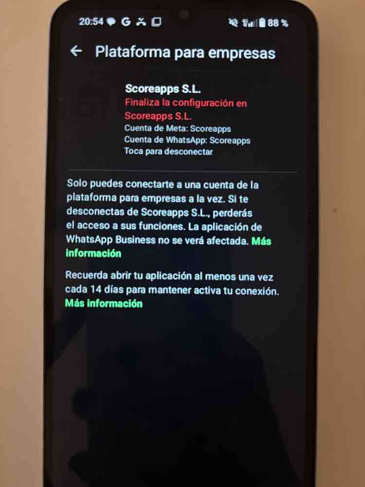 WhatsApp Business vinculado a Scoreapps desde Plataforma para empresas