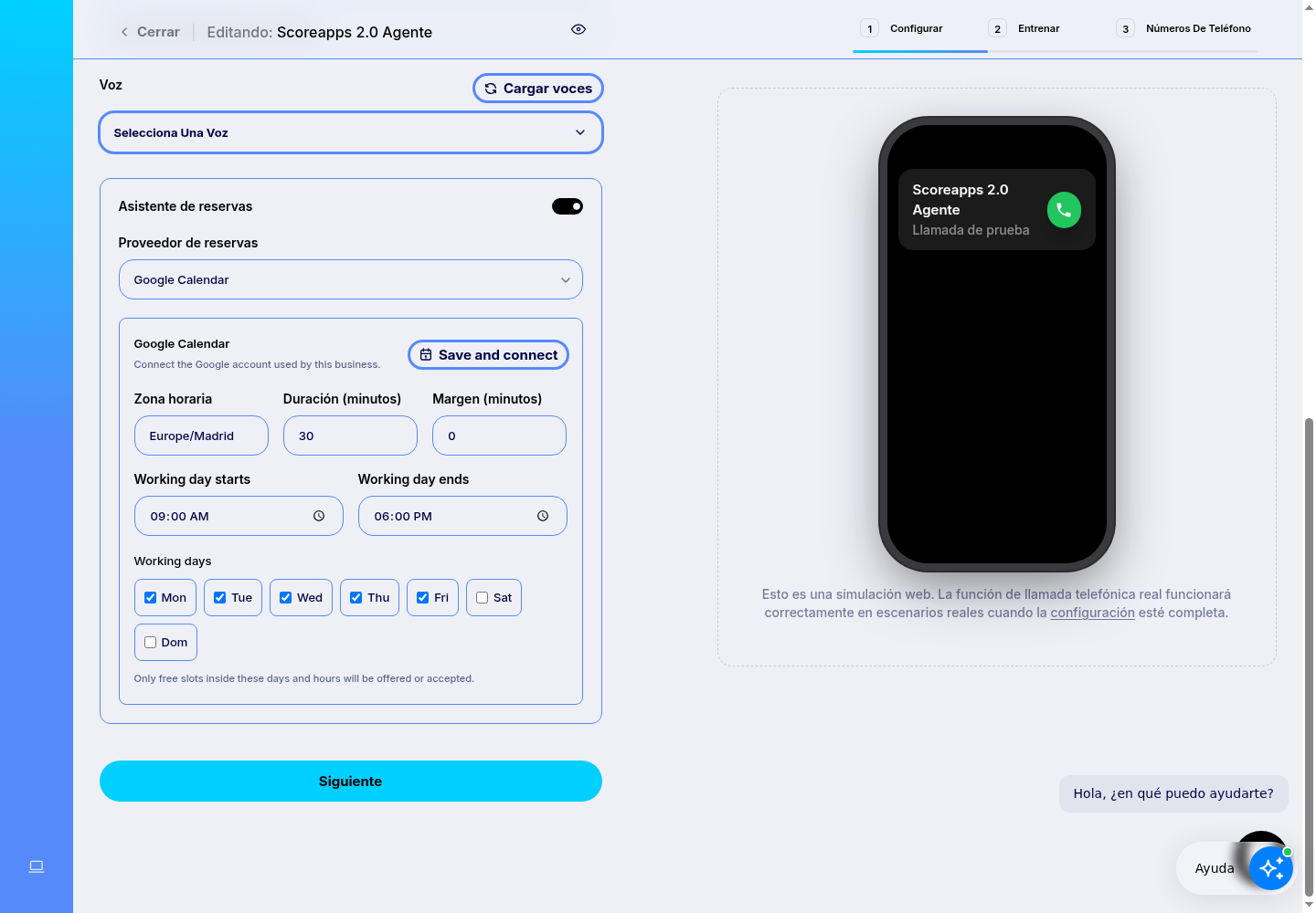 Configuración de Google Calendar con conexión, zona horaria, duración, margen y horario laboral.