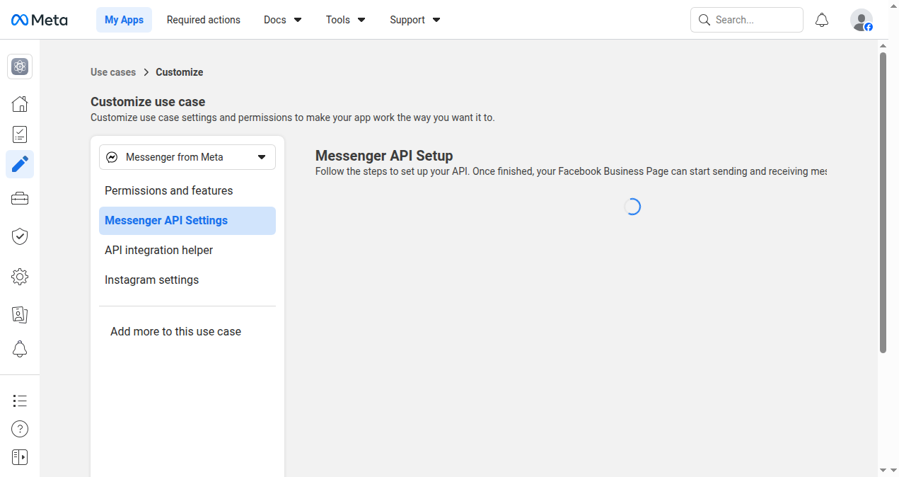 Pantalla Messenger API Settings en Meta