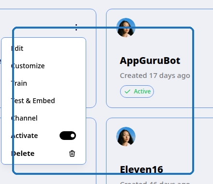 Menú Chatbot Options con la opción Channel